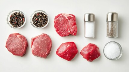 A selection of fresh raw beef cuts arranged on a sleek minimalist countertop accompanied by black pepper and salt grinders   a high protein nutritious culinary scene perfect for lifestyle food