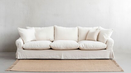 Fototapeta premium Cozy and comfortable plush sofa with decorative throw pillows and a minimalist tan rug arranged in a modern minimalist setting against a concrete wall