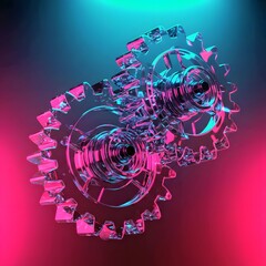 Fototapeta premium Two transparent 3d gears with a glass morphism effect, symbolizing technology and updates, gear floating against a gradient background.