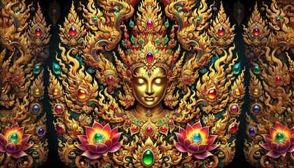 Naklejka premium Golden Buddha Artwork with Vibrant Colors and Details