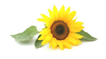 Obraz premium Sunflower blooming brightly with green leaves on a white background