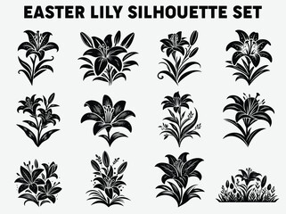Easter Lily Silhouette Set Black Color Floral Clipart for Crafts and Design Projects