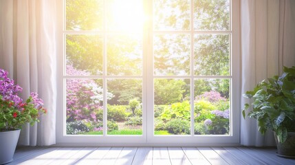 Fototapeta premium Bright morning sunlight streaming through a cozy window showcasing a vibrant garden in full bloom