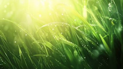 Fototapeta premium Close-Up of Vibrant Green Grass Blades Glistening in Sunshine
