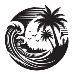 Summer day sea beach logo vector. Sea wave with sun and tree vector silhouette.