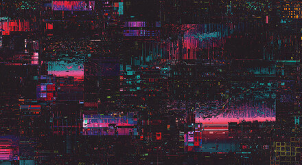 Fototapeta premium A compilation of glitch effects with digital decay components, including distorted visuals, pixelated color fringes, and data corruption, aimed at producing aesthetic and futuristic multimedia