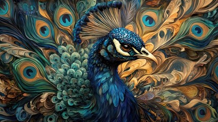 Fototapeta premium Peacock close-up, vibrant colours, intricate patterns