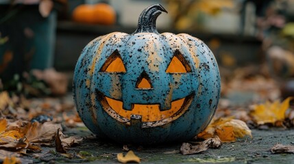 Decorative carved pumpkin.  A teal-painted pumpkin with a carved face, lit from within. Autumnal leaves surround it