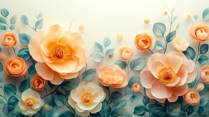 Delicate floral arrangement with pastel peach and cream roses and eucalyptus.  Soft lighting and a textured background create a dreamy, airy feel.  