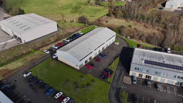 Aerial video of 5XTechnologies Ltd and East Coast Coatings Willowbank Business Park Millbrook Larne Co Antrim Northern Ireland 14-03-25 