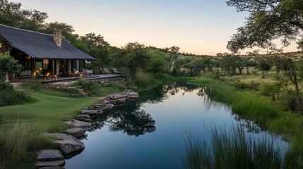Obraz premium Serene retreat by the tranquil water under a clear evening sky in a lush landscape