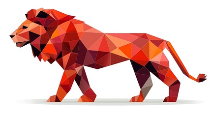 Red polygonal lion walking, white background