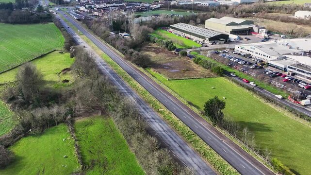 Aerial video of A8 Larne road, Ballymena Belfast road, Millbrook Larne Co Antrim Northern Ireland 14-03-25