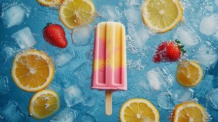 Colorful popsicle surrounded by ice and fresh fruit on a vibrant blue background