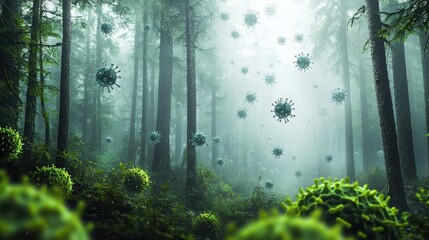 Fototapeta premium A surreal forest scene with floating virus-like spheres amid dense trees, creating an eerie and captivating atmosphere.
