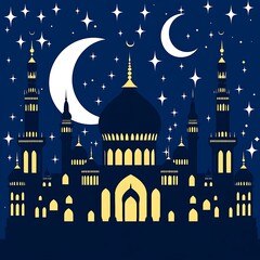 Night Mosque, Crescent Moon, Stars