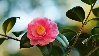 Obraz premium Camellia Japonica - Ashiya camelia single flower on a tree- 75075