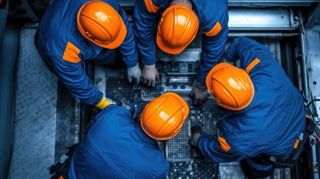 A team of auto technicians working together in an organized workshop environment to collaboratively repair and service a vehicle