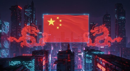 Obraz premium Futuristic cityscape with neon dragons and chinese flag against night sky