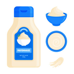 Mayonnaise bottle with label, sauce in bowl, swirl, and splash. Condiment, food seasoning, and fast food concept. Flat vector illustration isolated on white background	
