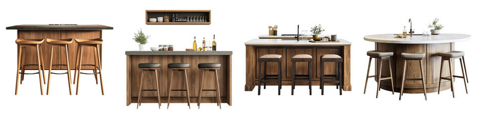 Kitchen island with bar stool isolated on transparent background.PNG Set of