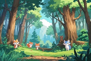 Anime Forest Background Banner Illustration in Cartoon Style