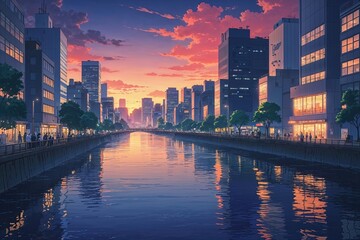 Tokyo City Anime Landscape at Dawn with Serene River Views