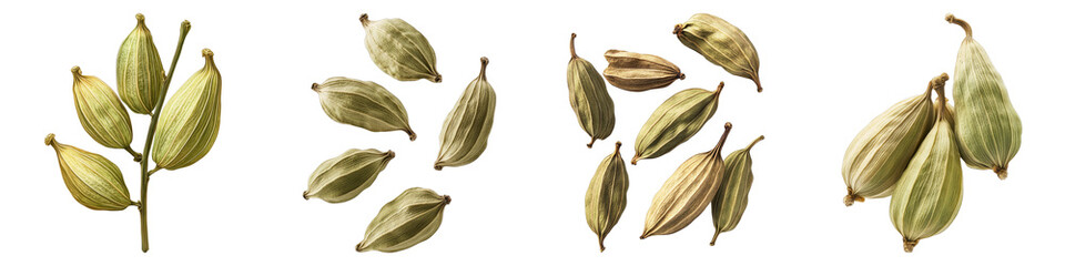 Cardamom pods levitate isolated on transparent background.PNG Set of