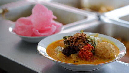 Ketupat Sayur Padang or Vegetable Padang rice cake with jackfruit vegetables, coconut milk sauce, rendang seasoning and crackers. Indonesia food.