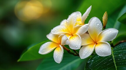 Fototapeta premium Close-Up of Golden Arrow Plumeria Flowers with Dewdrops