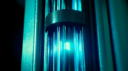 Obraz premium Glowing Teal Industrial Machine Close-up
