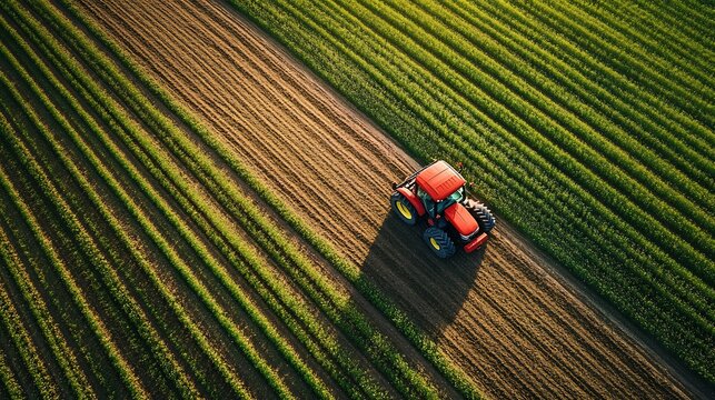 A red tractor works in a field of growing green crops