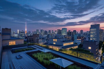Twilight Skyline View from Rooftop in Tokyo City Landscape