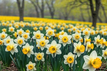 Obraz premium Stunning Scenic View of Yellow Daffodils in a Radiant Meadow Landscape