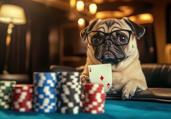 A pug wearing glasses plays poker, holding an ace of diamonds, surrounded by colorful poker chips.