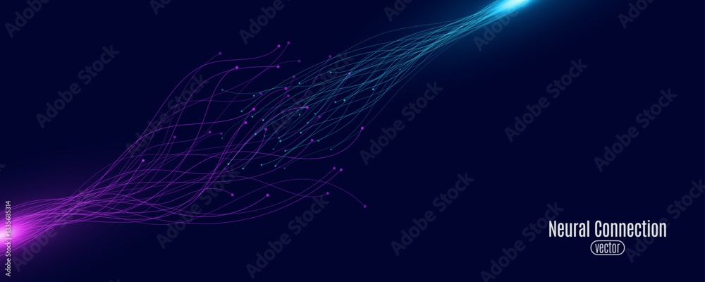 Poster neural connection background. connectors analyze big data into neural network. connected blue and pu
