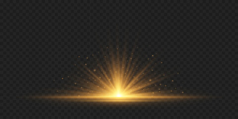 Golden light effect with radiant star and horizontal rays isolated on dark transparent background. Bright shining flash with magical dust. Vector illustration. EPS 10