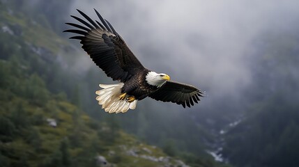 Obraz premium Bald eagle soaring over a misty valley wings fully extended breathtaking mid flight wildlife shot hyper detailed feathers