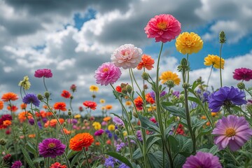 Vibrant Flower Blossoming Against Cloudy Sky for a Cheerful Summer Garden