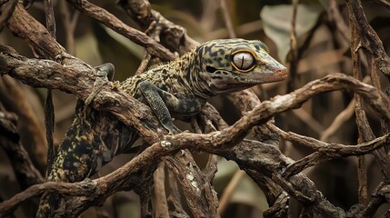 Beautifully camouflaged Satanic Leaf Tailed Gecko clinging to a twisted branch in Madagascar blending seamlessly into its eerie forest surroundings