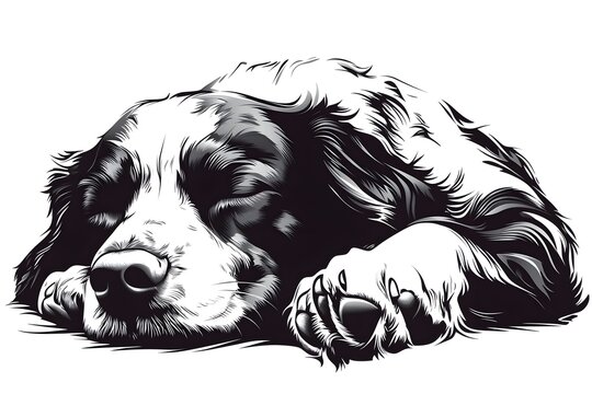 A sweetly sleeping Sper Spaniel dog rests peacefully in a monochrome illustration perfect for pet lovers and design projects.