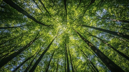 Naklejka premium Skyward Canopy: An awe-inspiring perspective from the forest floor, showcasing a mesmerizing network of tall, slender trees reaching towards the sky.