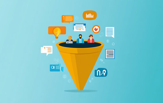 Here generated metadata Marketing funnel visualizes customer journey with engaging icons and data points, showing conversion and interaction in dynamic digital graphic - Powered by Adobe