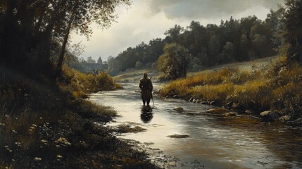 A lone figure crosses the river near a distant stone structure