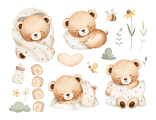 Watercolor Illustration Set of Sleepy Bears and Nature Elements