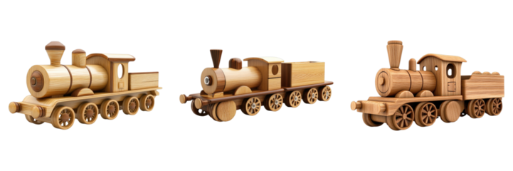 Wooden toy train isolated on transparent background.PNG Set of