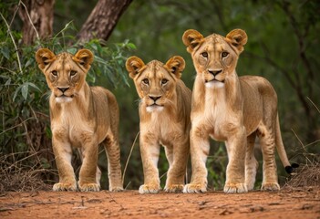 Obraz premium Three lions stand in the mud near trees and bushes