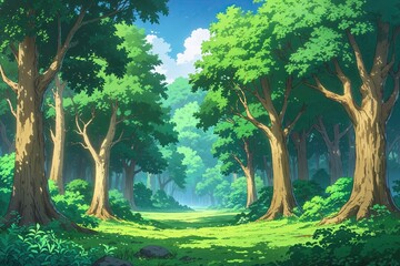 Naklejka premium Vibrant Anime Forest Landscape Banner with Serene Trees and Lush Greenery