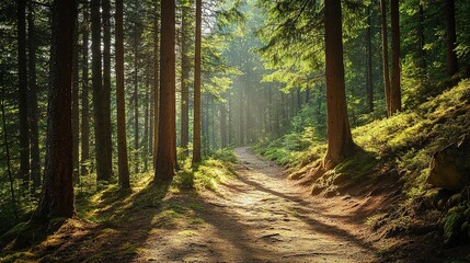Fototapeta premium Sun-Dappled Forest Trail: A sun-drenched forest scene, with a winding trail beckoning the viewer deeper into the heart of nature's embrace. The image showcases the serenity of a woodland path.