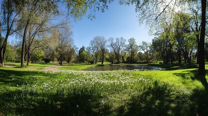 Tranquil Park Panorama: Capture a lush panorama of a park, featuring vibrant green grass, diverse trees, a calm lake mirroring the clear blue sky, a serene haven for a peaceful moment.
